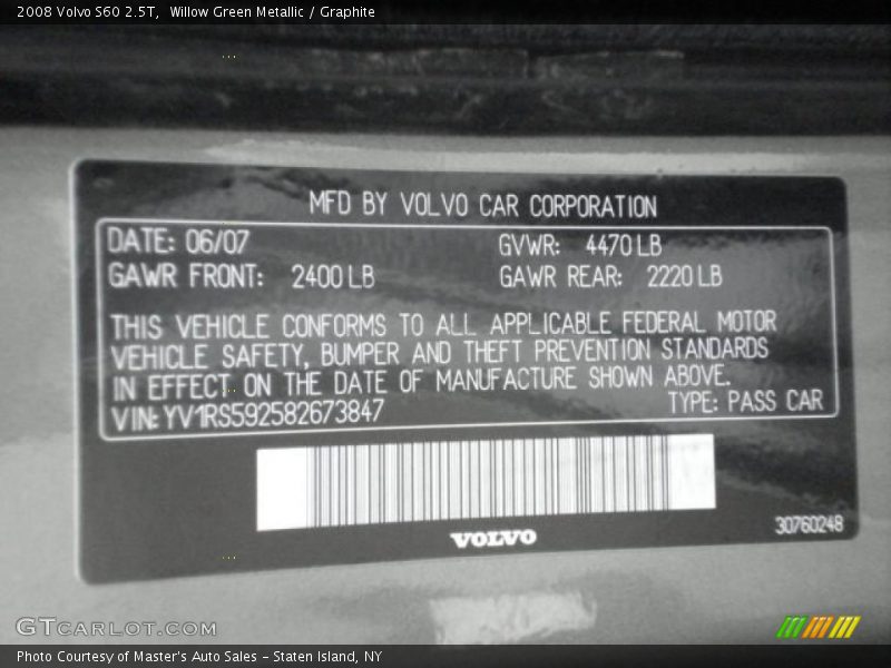 Willow Green Metallic / Graphite 2008 Volvo S60 2.5T