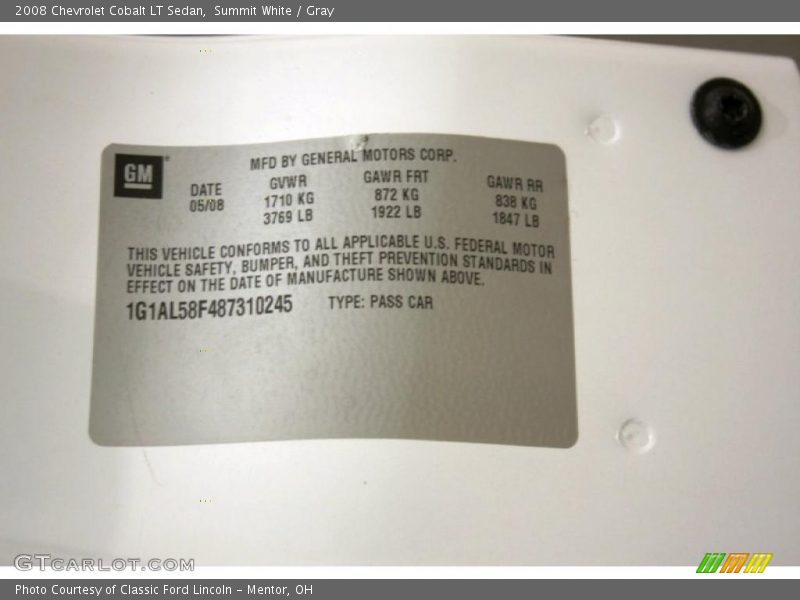 Summit White / Gray 2008 Chevrolet Cobalt LT Sedan