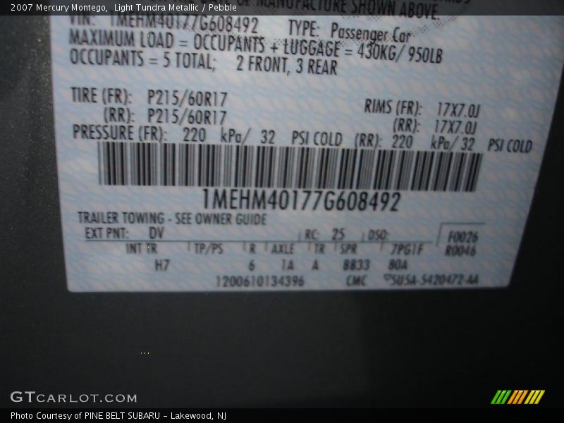 Light Tundra Metallic / Pebble 2007 Mercury Montego