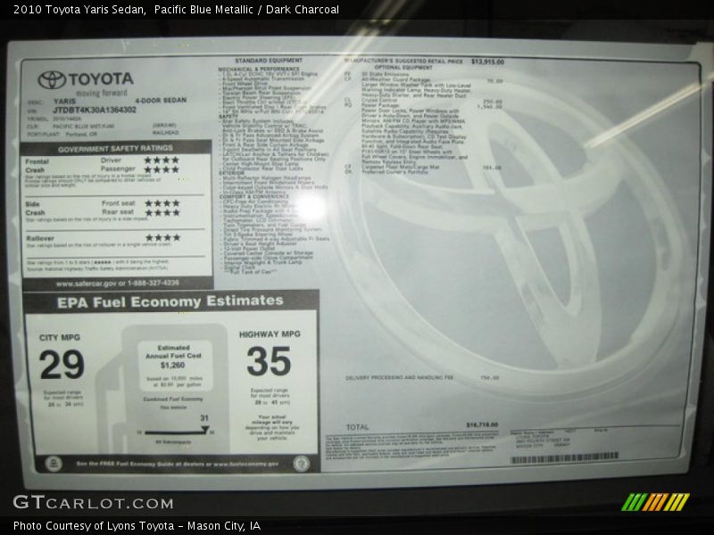 Pacific Blue Metallic / Dark Charcoal 2010 Toyota Yaris Sedan