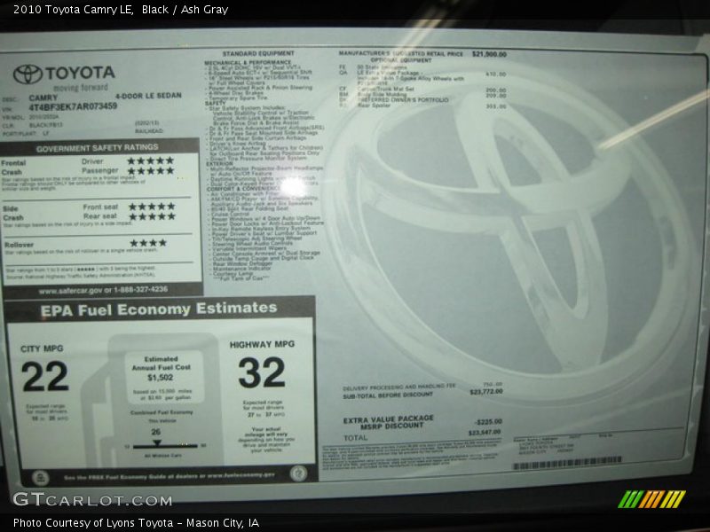 Black / Ash Gray 2010 Toyota Camry LE