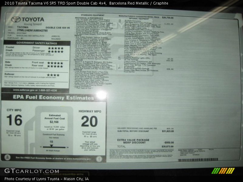  2010 Tacoma V6 SR5 TRD Sport Double Cab 4x4 Window Sticker