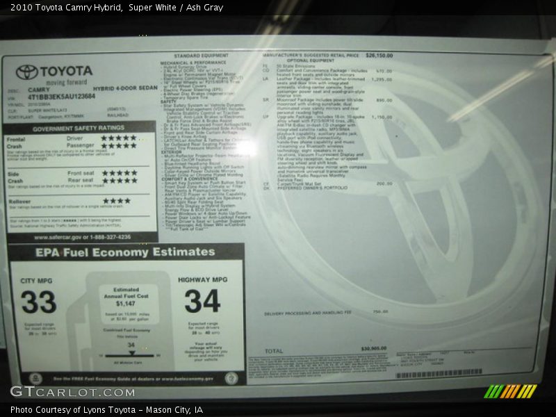 Super White / Ash Gray 2010 Toyota Camry Hybrid