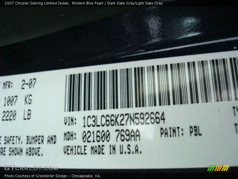 Modern Blue Pearl / Dark Slate Gray/Light Slate Gray 2007 Chrysler Sebring Limited Sedan