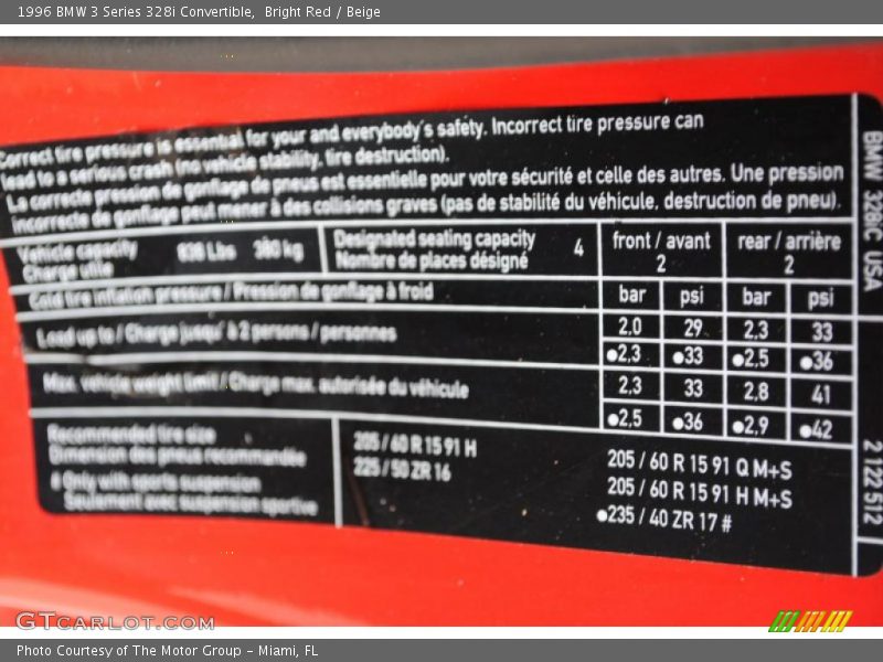 Info Tag of 1996 3 Series 328i Convertible