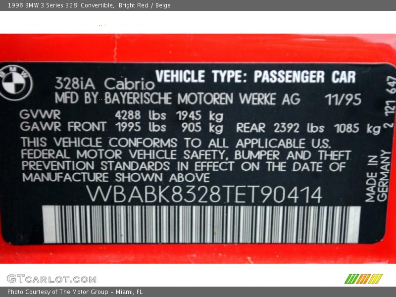 Info Tag of 1996 3 Series 328i Convertible