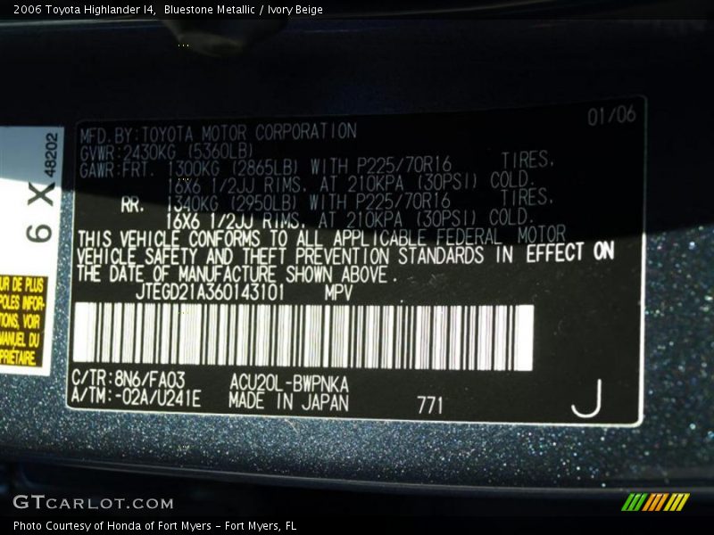 Bluestone Metallic / Ivory Beige 2006 Toyota Highlander I4