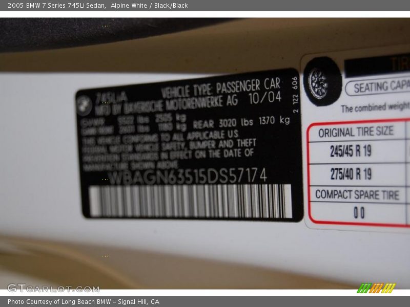 Alpine White / Black/Black 2005 BMW 7 Series 745Li Sedan