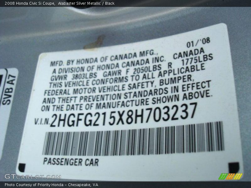 Alabaster Silver Metallic / Black 2008 Honda Civic Si Coupe