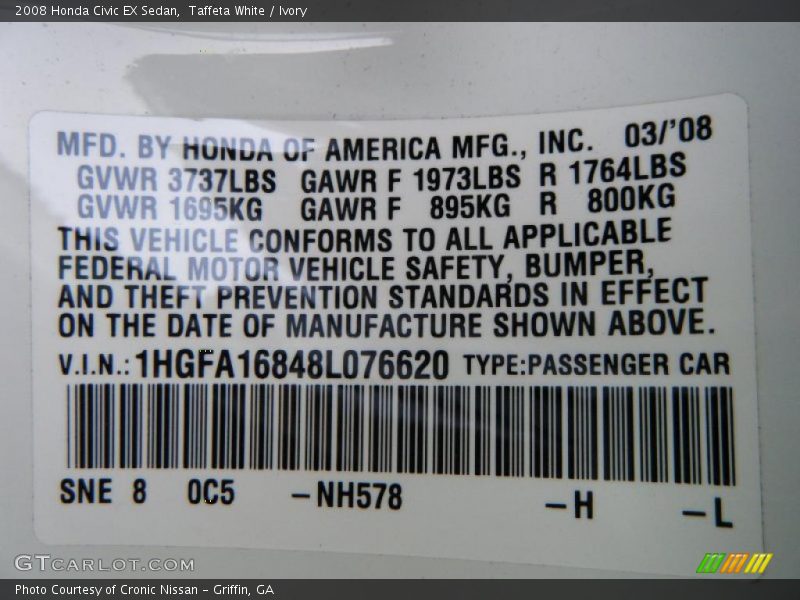 Taffeta White / Ivory 2008 Honda Civic EX Sedan