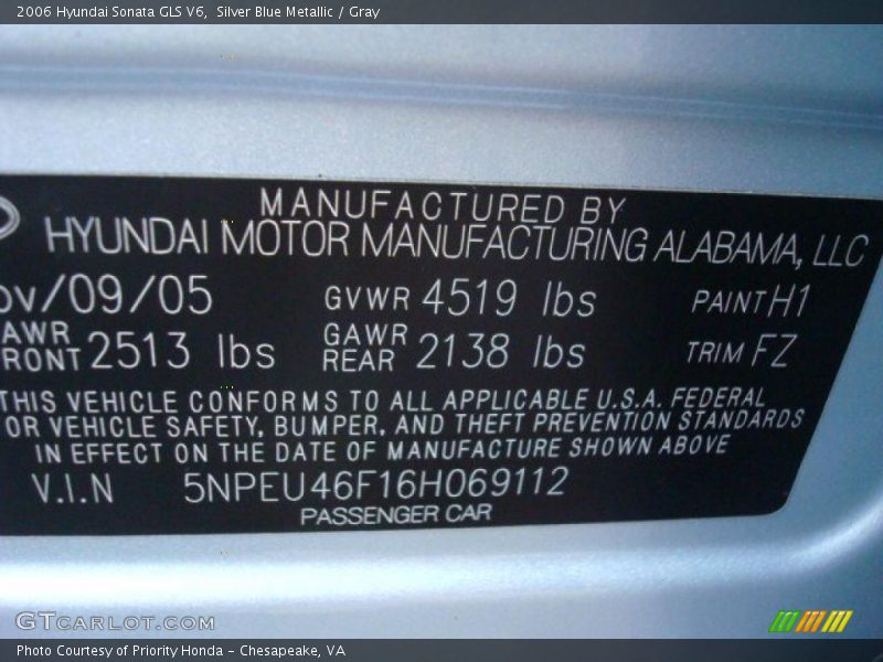 Silver Blue Metallic / Gray 2006 Hyundai Sonata GLS V6