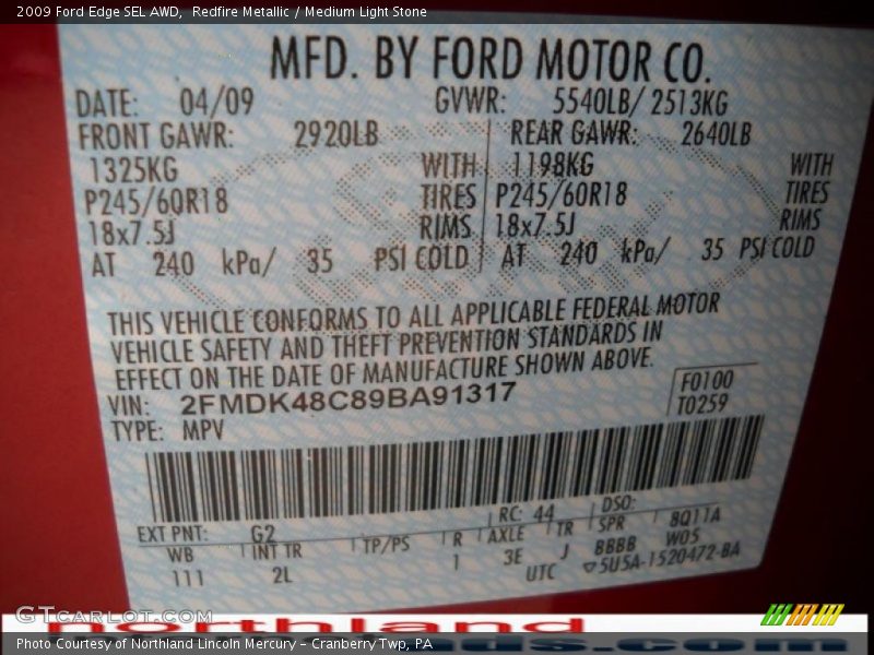 Redfire Metallic / Medium Light Stone 2009 Ford Edge SEL AWD