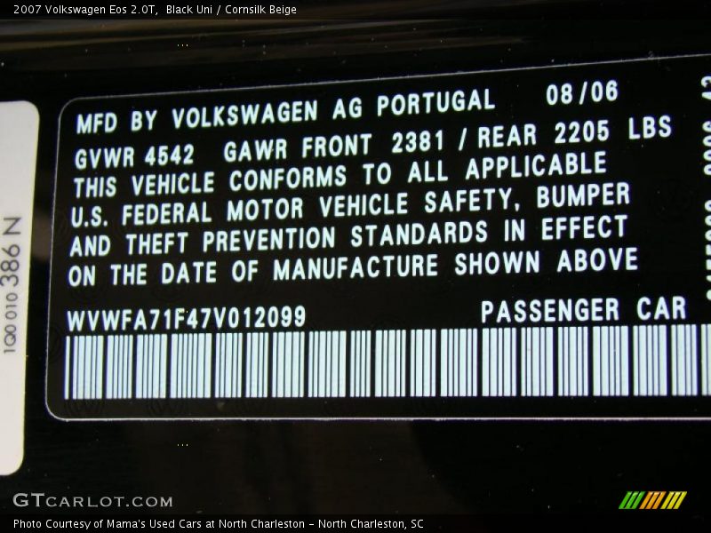 Black Uni / Cornsilk Beige 2007 Volkswagen Eos 2.0T