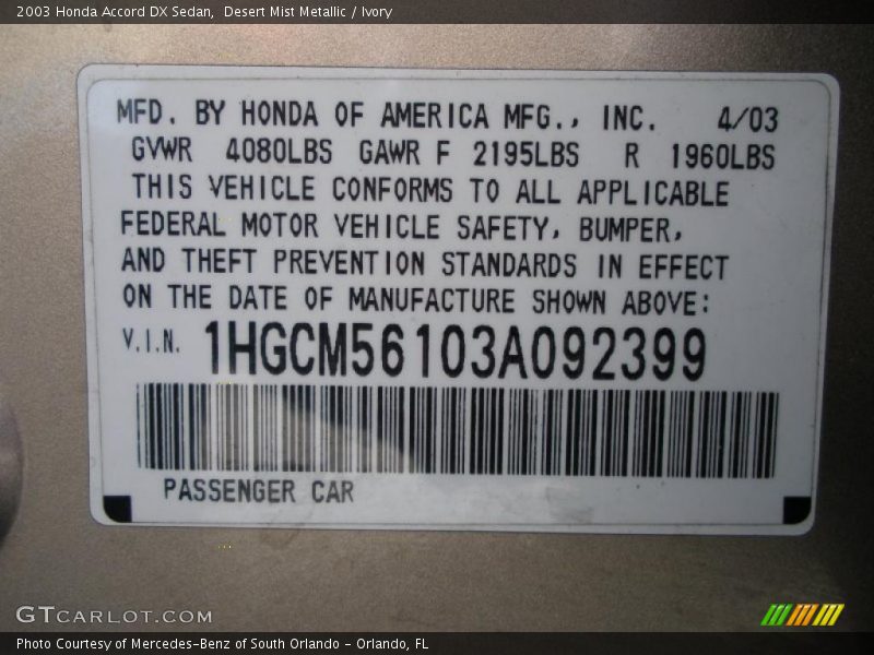 Desert Mist Metallic / Ivory 2003 Honda Accord DX Sedan