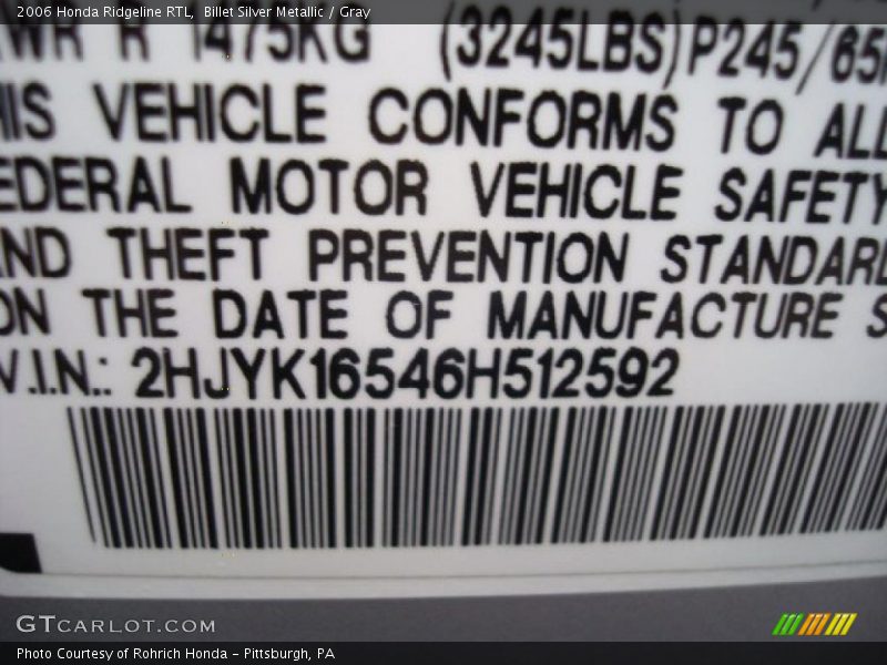 Billet Silver Metallic / Gray 2006 Honda Ridgeline RTL