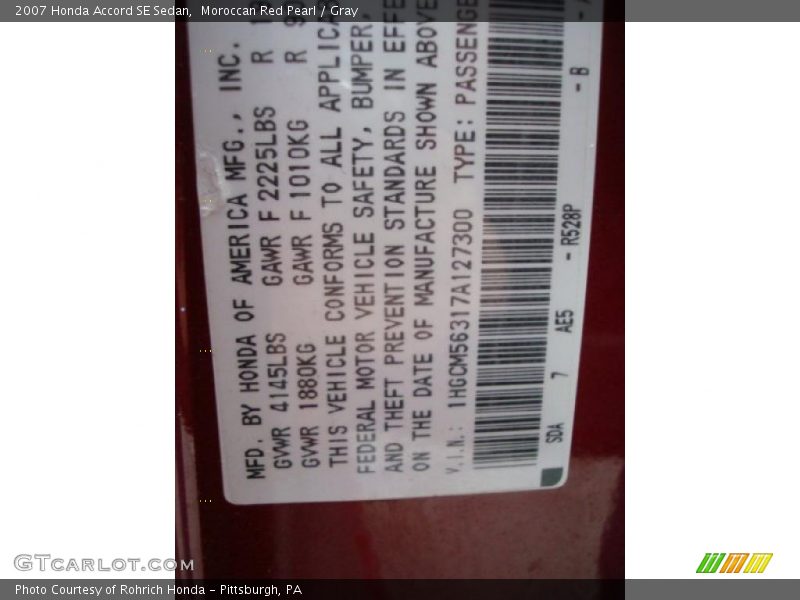 Moroccan Red Pearl / Gray 2007 Honda Accord SE Sedan