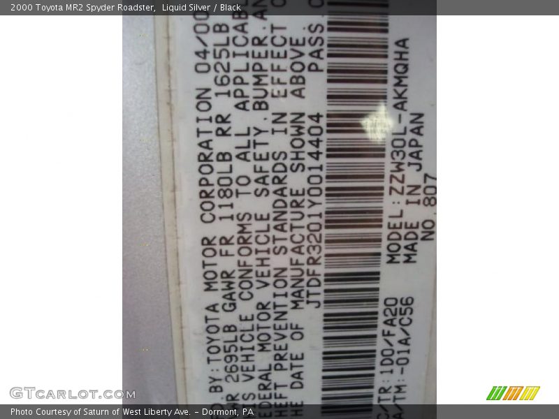 Liquid Silver / Black 2000 Toyota MR2 Spyder Roadster