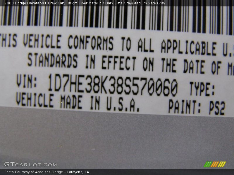 Bright Silver Metallic / Dark Slate Gray/Medium Slate Gray 2008 Dodge Dakota SXT Crew Cab