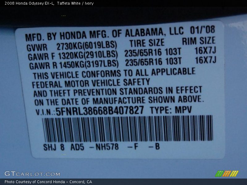 Taffeta White / Ivory 2008 Honda Odyssey EX-L