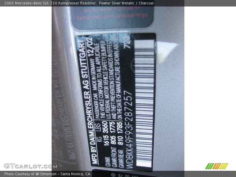 Pewter Silver Metallic / Charcoal 2003 Mercedes-Benz SLK 230 Kompressor Roadster