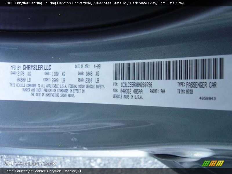 Silver Steel Metallic / Dark Slate Gray/Light Slate Gray 2008 Chrysler Sebring Touring Hardtop Convertible