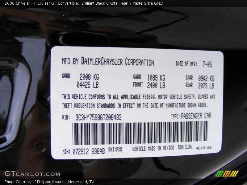 2006 PT Cruiser GT Convertible Brilliant Black Crystal Pearl Color Code PX8