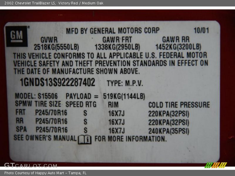 Victory Red / Medium Oak 2002 Chevrolet TrailBlazer LS