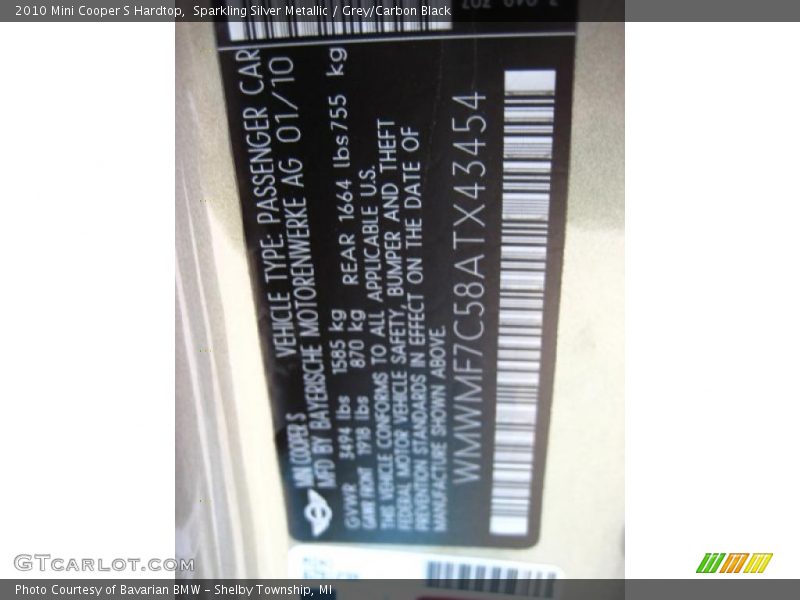 Sparkling Silver Metallic / Grey/Carbon Black 2010 Mini Cooper S Hardtop