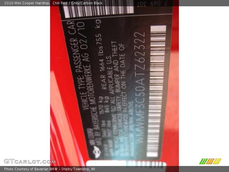 Chili Red / Grey/Carbon Black 2010 Mini Cooper Hardtop