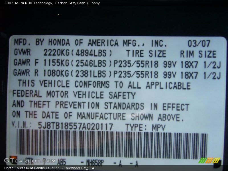 Carbon Gray Pearl / Ebony 2007 Acura RDX Technology