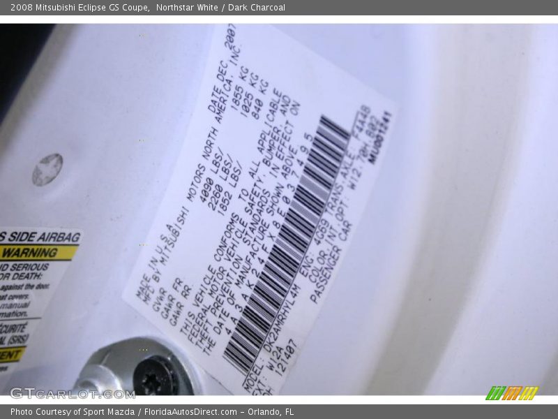 Northstar White / Dark Charcoal 2008 Mitsubishi Eclipse GS Coupe