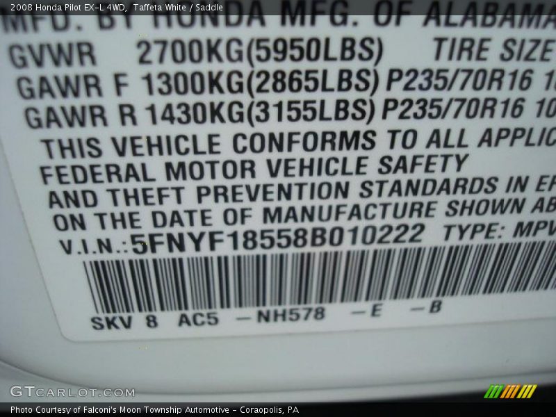 Taffeta White / Saddle 2008 Honda Pilot EX-L 4WD