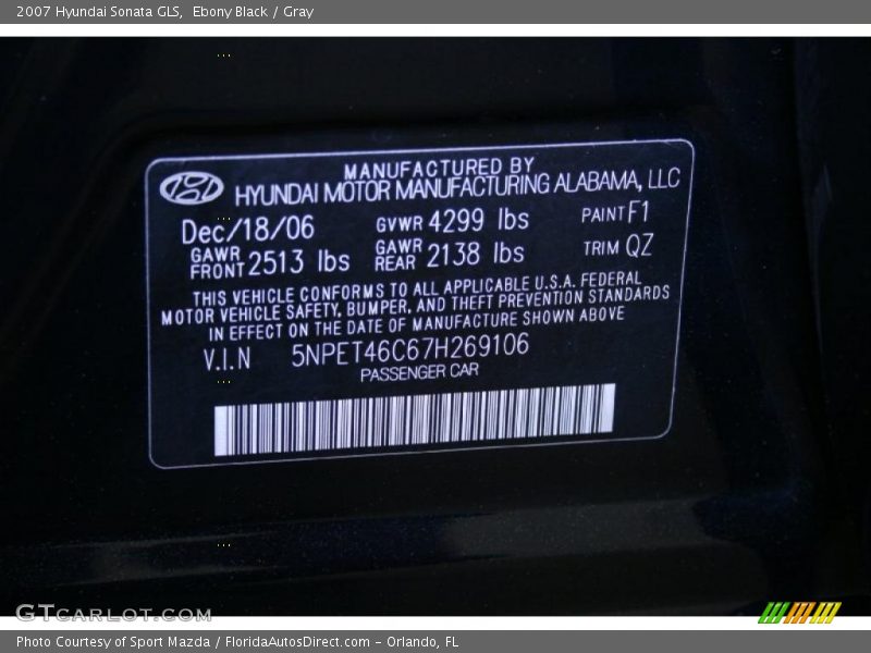 Ebony Black / Gray 2007 Hyundai Sonata GLS