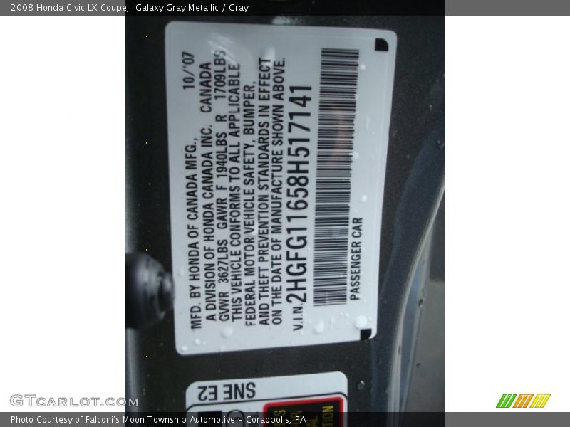 Galaxy Gray Metallic / Gray 2008 Honda Civic LX Coupe