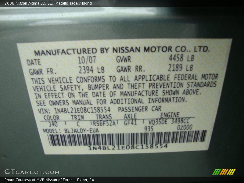 Metallic Jade / Blond 2008 Nissan Altima 3.5 SE
