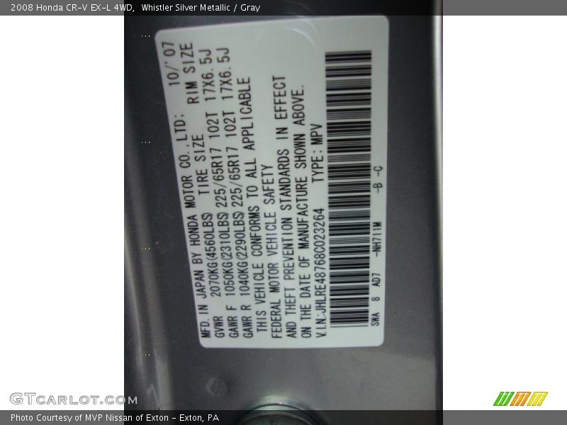 Whistler Silver Metallic / Gray 2008 Honda CR-V EX-L 4WD