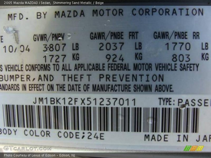 Shimmering Sand Metallic / Beige 2005 Mazda MAZDA3 i Sedan