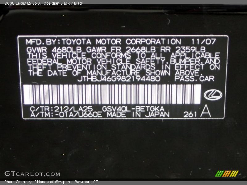 Obsidian Black / Black 2008 Lexus ES 350