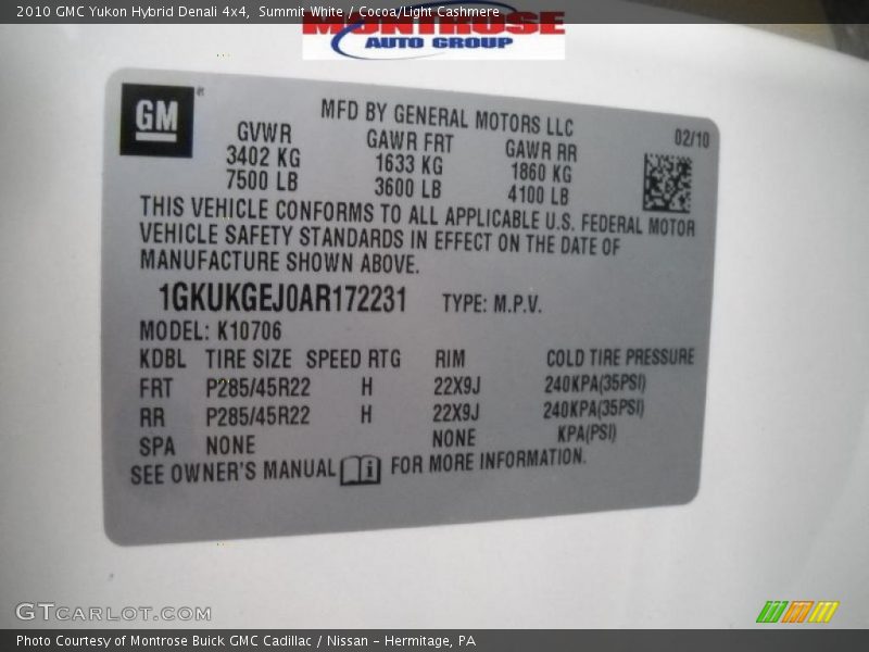 Summit White / Cocoa/Light Cashmere 2010 GMC Yukon Hybrid Denali 4x4