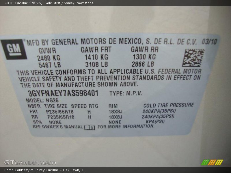 Gold Mist / Shale/Brownstone 2010 Cadillac SRX V6
