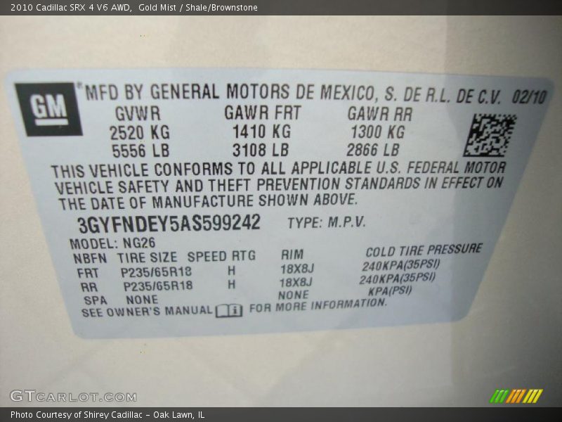 Gold Mist / Shale/Brownstone 2010 Cadillac SRX 4 V6 AWD