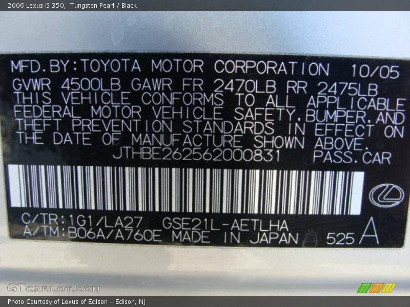 Tungsten Pearl / Black 2006 Lexus IS 350