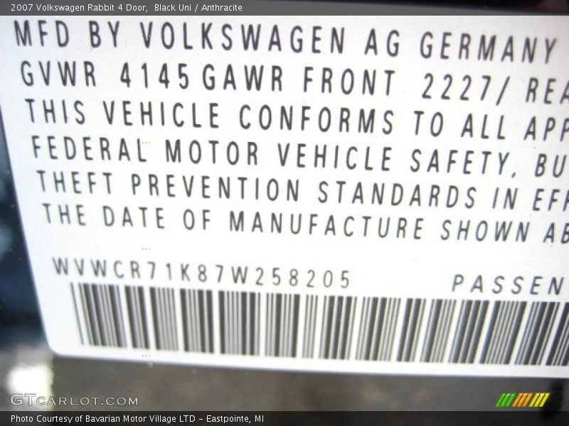 Black Uni / Anthracite 2007 Volkswagen Rabbit 4 Door