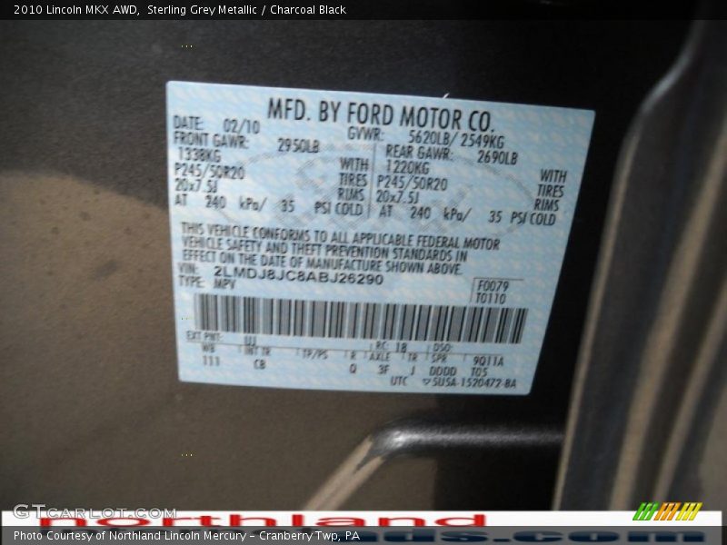 Sterling Grey Metallic / Charcoal Black 2010 Lincoln MKX AWD