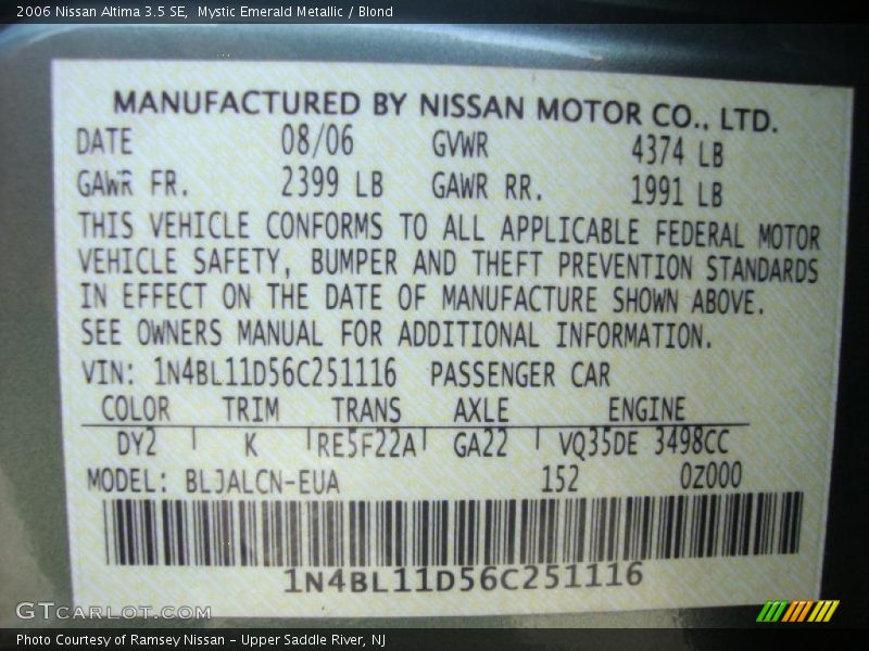 Mystic Emerald Metallic / Blond 2006 Nissan Altima 3.5 SE