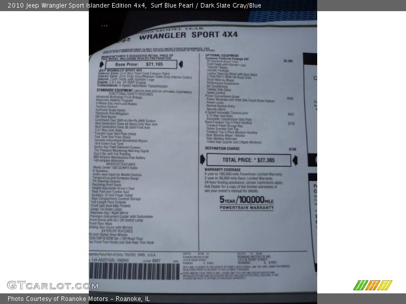 Surf Blue Pearl / Dark Slate Gray/Blue 2010 Jeep Wrangler Sport Islander Edition 4x4