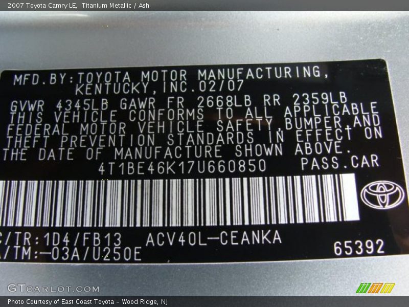Titanium Metallic / Ash 2007 Toyota Camry LE