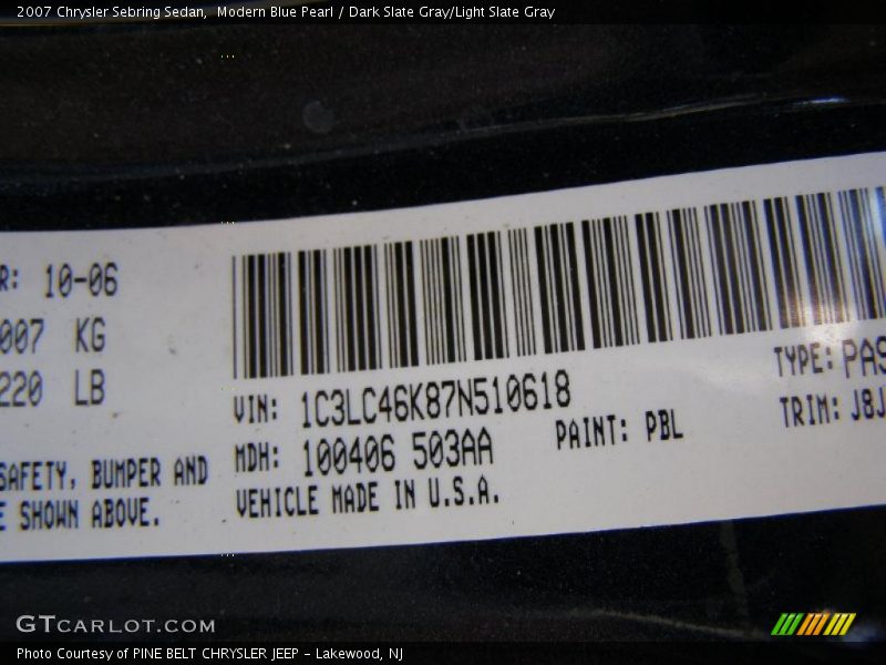 Modern Blue Pearl / Dark Slate Gray/Light Slate Gray 2007 Chrysler Sebring Sedan