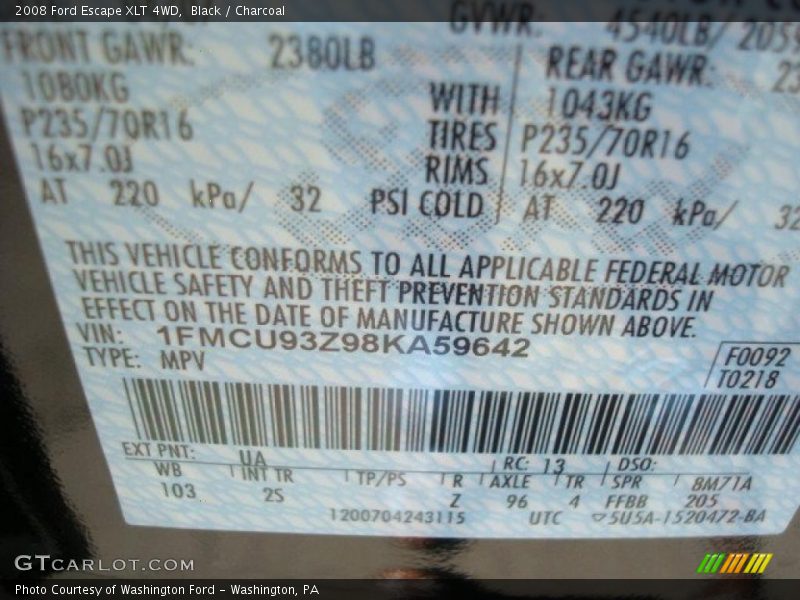 Black / Charcoal 2008 Ford Escape XLT 4WD
