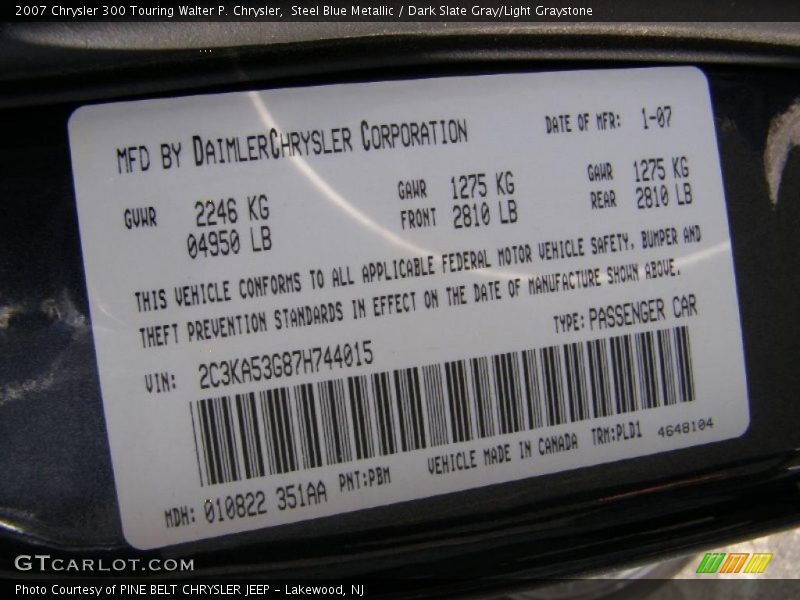 Steel Blue Metallic / Dark Slate Gray/Light Graystone 2007 Chrysler 300 Touring Walter P. Chrysler